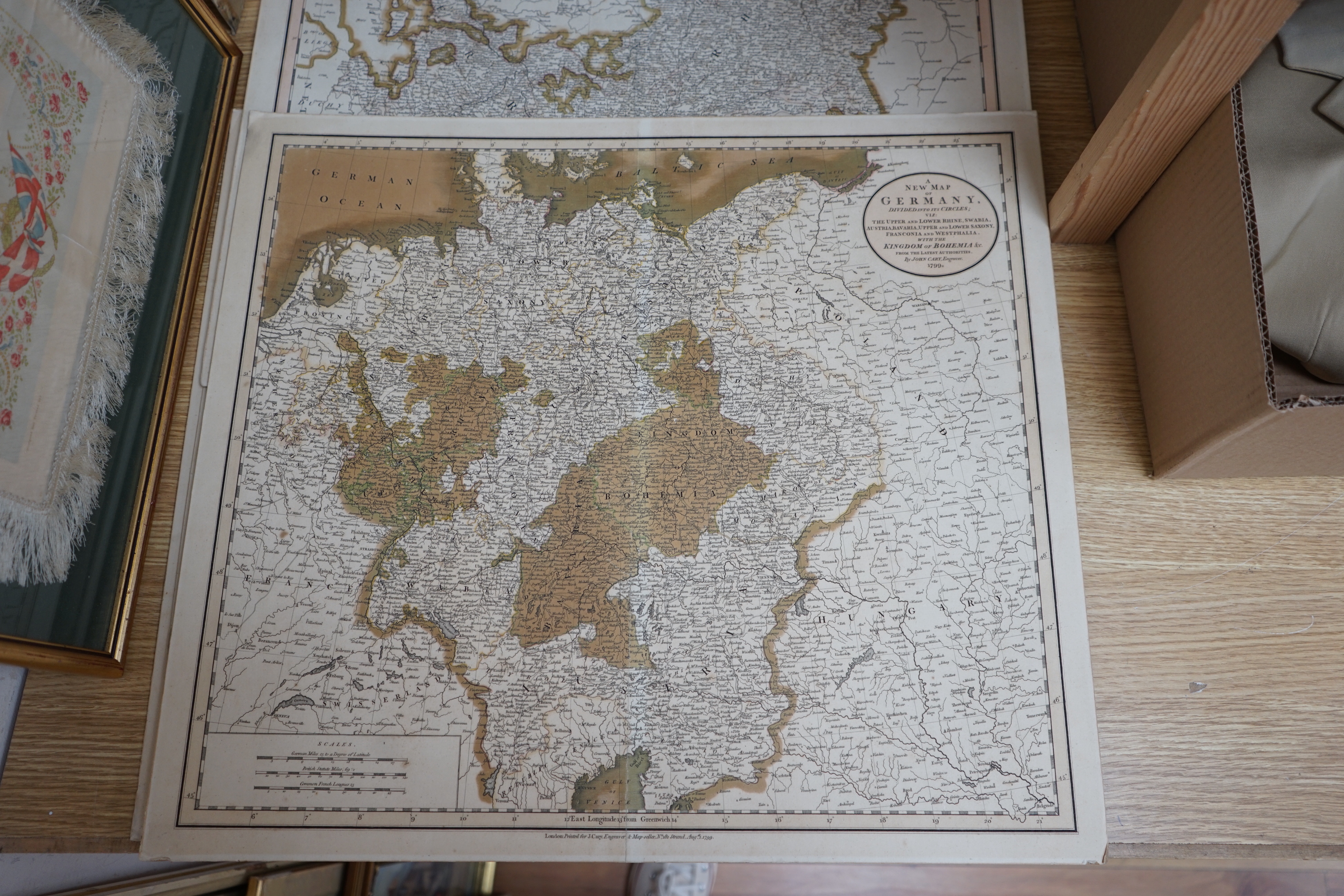 John Cary (1754-1835) set of four late 18th century maps comprising Germany, Upper and Lower Rhine, Portugal and Franconia, printed for J. Cary, London, 55 x 49cm, unframed